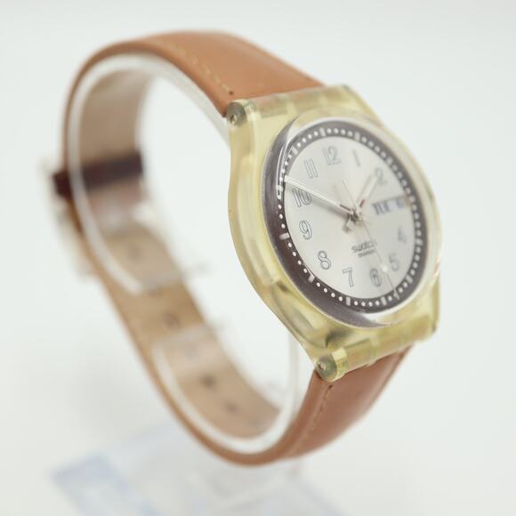 Vintage Swatch Croissant Chaud 2002 Swiss Watch 34mm Day Date Brown Leather main image 9